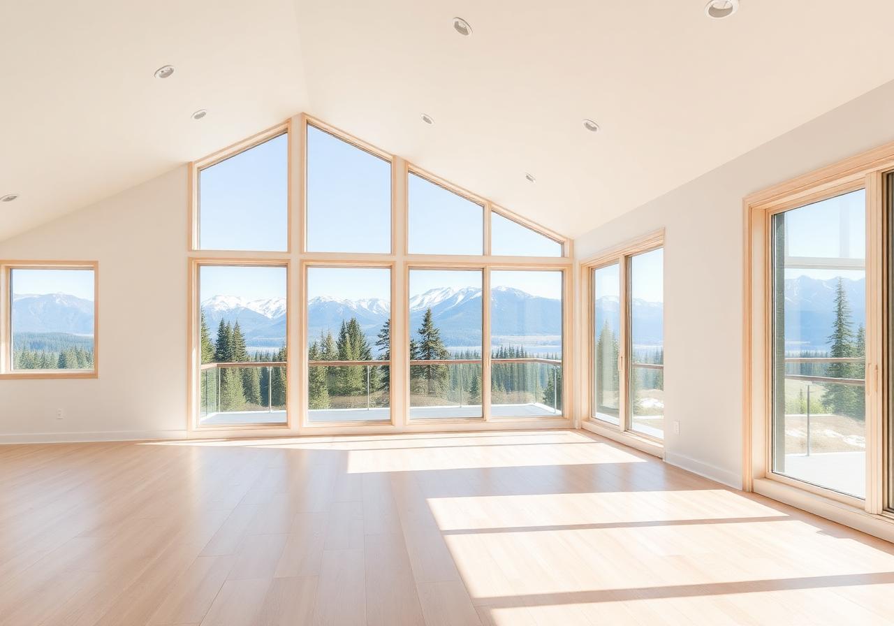 Clean modern home interior with mountain views